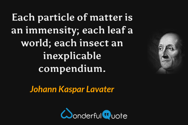 Each particle of matter is an immensity; each leaf a world; each insect an inexplicable compendium. - Johann Kaspar Lavater quote.