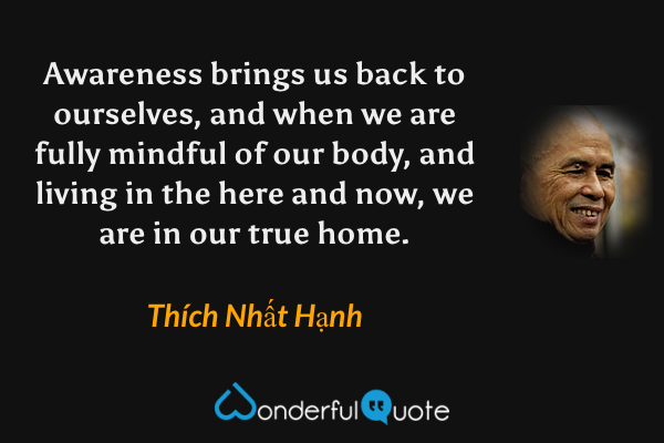 Awareness brings us back to ourselves, and when we are fully mindful of our body, and living in the here and now, we are in our true home. - Thích Nhất Hạnh quote.