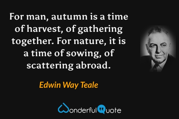 For man, autumn is a time of harvest, of gathering together. For nature, it is a time of sowing, of scattering abroad. - Edwin Way Teale quote.