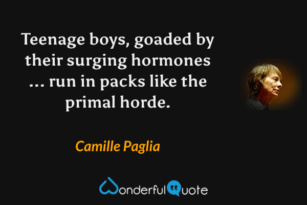 Teenage boys, goaded by their surging hormones ... run in packs like the primal horde. - Camille Paglia quote.