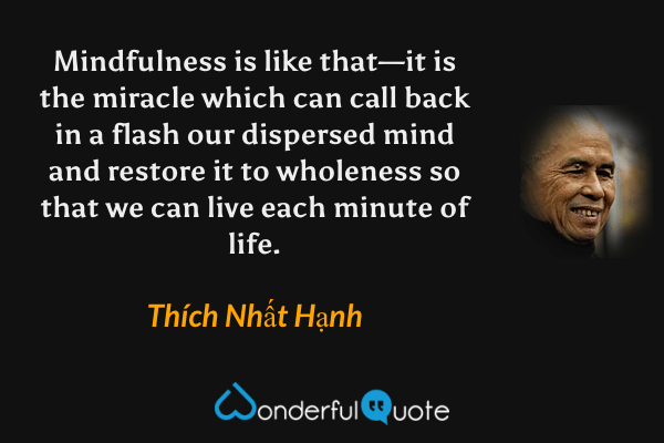 Mindfulness is like that—it is the miracle which can call back in a flash our dispersed mind and restore it to wholeness so that we can live each minute of life. - Thích Nhất Hạnh quote.