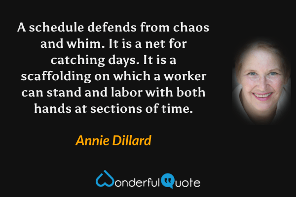 A schedule defends from chaos and whim.  It is a net for catching days.  It is a scaffolding on which a worker can stand and labor with both hands at sections of time. - Annie Dillard quote.