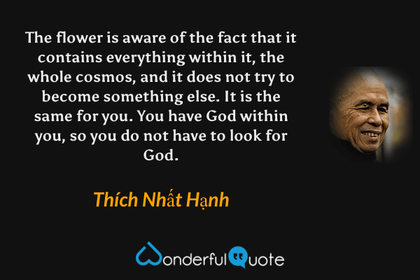 The flower is aware of the fact that it contains everything within it, the whole cosmos, and it does not try to become something else. It is the same for you. You have God within you, so you do not have to look for God. - Thích Nhất Hạnh quote.
