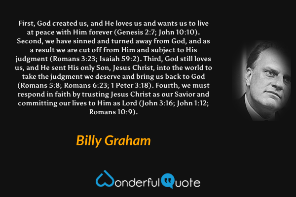 First, God created us, and He loves us and wants us to live at peace with Him forever (Genesis 2:7; John 10:10). Second, we have sinned and turned away from God, and as a result we are cut off from Him and subject to His judgment (Romans 3:23; Isaiah 59:2). Third, God still loves us, and He sent His only Son, Jesus Christ, into the world to take the judgment we deserve and bring us back to God (Romans 5:8; Romans 6:23; 1 Peter 3:18). Fourth, we must respond in faith by trusting Jesus Christ as our Savior and committing our lives to Him as Lord (John 3:16; John 1:12; Romans 10:9). - Billy Graham quote.