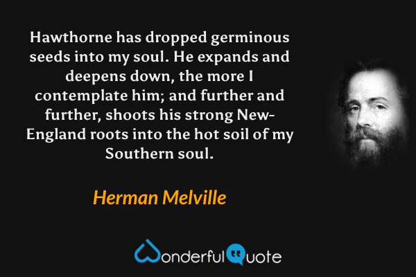 Hawthorne has dropped germinous seeds into my soul. He expands and deepens down, the more I contemplate him; and further and further, shoots his strong New-England roots into the hot soil of my Southern soul. - Herman Melville quote.