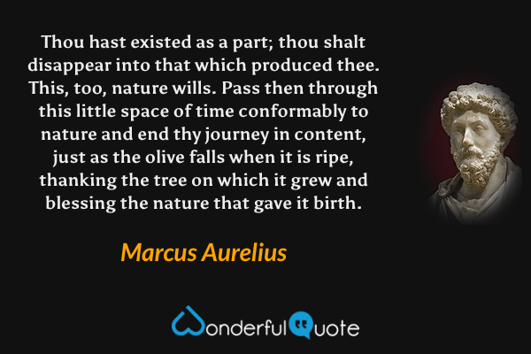 Thou hast existed as a part; thou shalt disappear into that which produced thee. This, too, nature wills. Pass then through this little space of time conformably to nature and end thy journey in content, just as the olive falls when it is ripe, thanking the tree on which it grew and blessing the nature that gave it birth. - Marcus Aurelius quote.