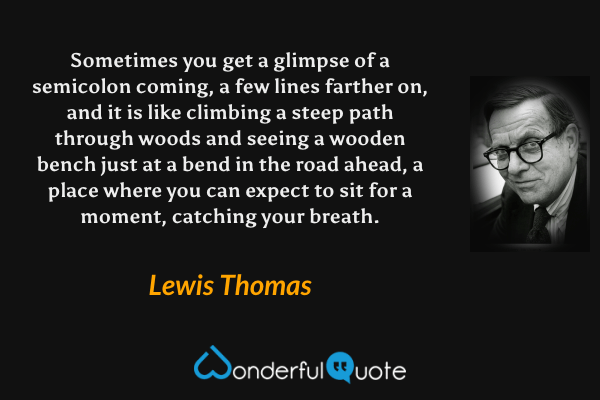 Sometimes you get a glimpse of a semicolon coming, a few lines farther on, and it is like climbing a steep path through woods and seeing a wooden bench just at a bend in the road ahead, a place where you can expect to sit for a moment, catching your breath. - Lewis Thomas quote.