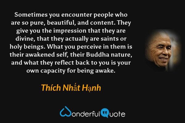 Sometimes you encounter people who are so pure, beautiful, and content. They give you the impression that they are divine, that they actually are saints or holy beings. What you perceive in them is their awakened self, their Buddha nature, and what they reflect back to you is your own capacity for being awake. - Thích Nhất Hạnh quote.