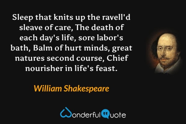 Sleep that knits up the ravell'd sleave of care,
The death of each day's life, sore labor's bath,
Balm of hurt minds, great natures second course,
Chief nourisher in life's feast. - William Shakespeare quote.