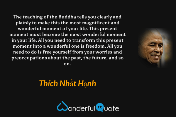 The teaching of the Buddha tells you clearly and plainly to make this the most magnificent and wonderful moment of your life. This present moment must become the most wonderful moment in your life. All you need to transform this present moment into a wonderful one is freedom. All you need to do is free yourself from your worries and preoccupations about the past, the future, and so on. - Thích Nhất Hạnh quote.