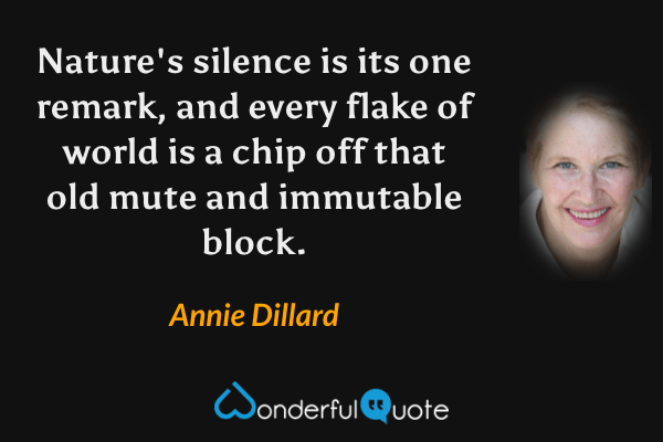 Nature's silence is its one remark, and every flake of world is a chip off that old mute and immutable block. - Annie Dillard quote.