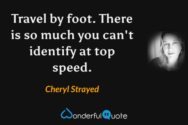Travel by foot. There is so much you can't identify at top speed. - Cheryl Strayed quote.