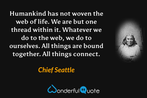 Humankind has not woven the web of life. We are but one thread within it. Whatever we do to the web, we do to ourselves. All things are bound together. All things connect. - Chief Seattle quote.