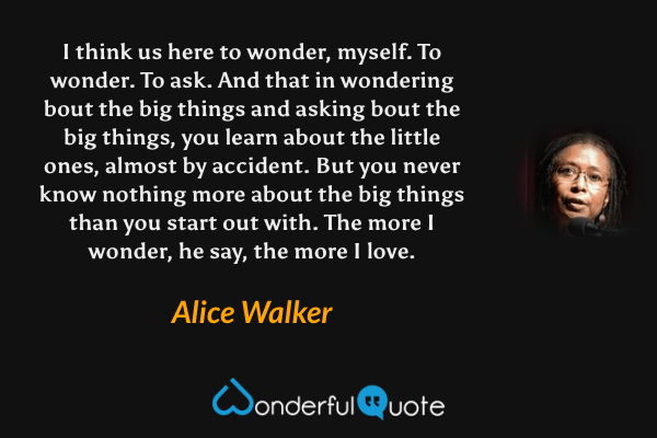 I think us here to wonder, myself. To wonder. To ask. And that in wondering bout the big things and asking bout the big things, you learn about the little ones, almost by accident. But you never know nothing more about the big things than you start out with. The more I wonder, he say, the more I love. - Alice Walker quote.