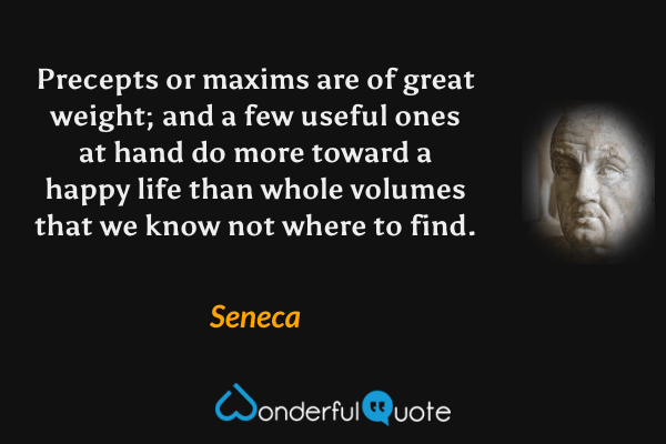 Precepts or maxims are of great weight; and a few useful ones at hand do more toward a happy life than whole volumes that we know not where to find. - Seneca quote.
