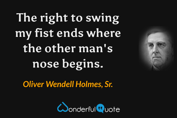 The right to swing my fist ends where the other man's nose begins. - Oliver Wendell Holmes, Sr. quote.