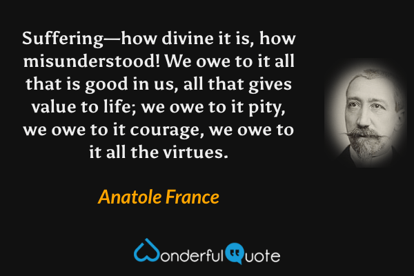 Suffering—how divine it is, how misunderstood! We owe to it all that is good in us, all that gives value to life; we owe to it pity, we owe to it courage, we owe to it all the virtues. - Anatole France quote.