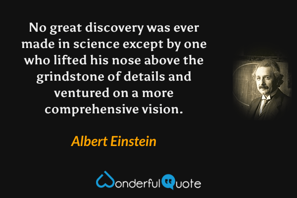 No great discovery was ever made in science except by one who lifted his nose above the grindstone of details and ventured on a more comprehensive vision. - Albert Einstein quote.