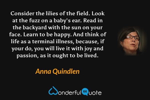 Consider the lilies of the field.  Look at the fuzz on a baby's ear.  Read in the backyard with the sun on your face.  Learn to be happy.  And think of life as a terminal illness, because, if your do, you will live it with joy and passion, as it ought to be lived. - Anna Quindlen quote.
