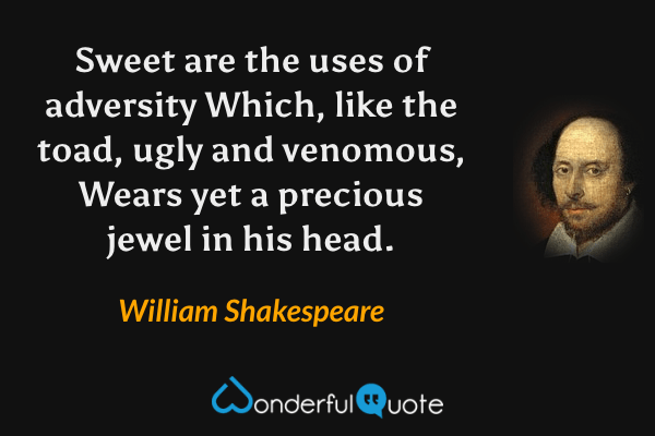 Sweet are the uses of adversity
Which, like the toad, ugly and venomous,
Wears yet a precious jewel in his head. - William Shakespeare quote.