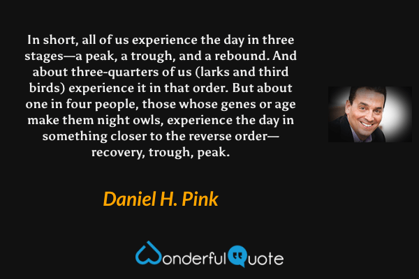 In short, all of us experience the day in three stages—a peak, a trough, and a rebound. And about three-quarters of us (larks and third birds) experience it in that order. But about one in four people, those whose genes or age make them night owls, experience the day in something closer to the reverse order—recovery, trough, peak. - Daniel H. Pink quote.