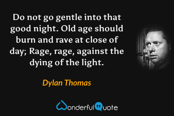 Do not go gentle into that good night.
Old age should burn and rave at close of day;
Rage, rage, against the dying of the light. - Dylan Thomas quote.