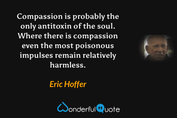 Compassion is probably the only antitoxin of the soul. Where there is compassion even the most poisonous impulses remain relatively harmless. - Eric Hoffer quote.