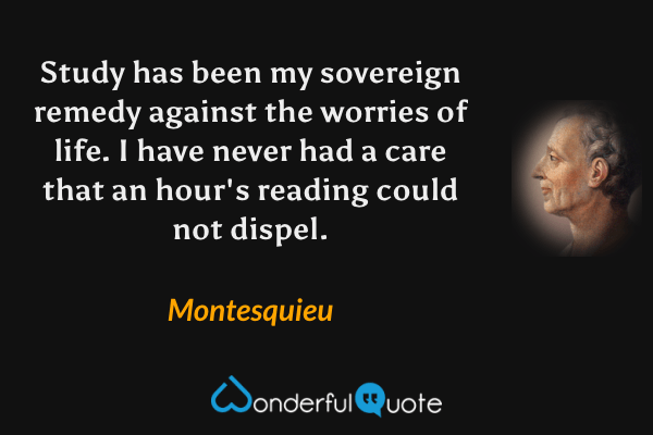 Study has been my sovereign remedy against the worries of life.  I have never had a care that an hour's reading could not dispel. - Montesquieu quote.