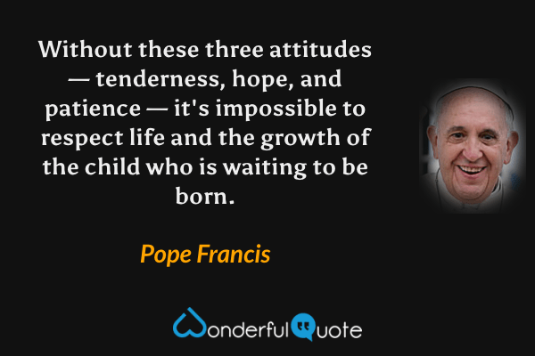 Without these three attitudes — tenderness, hope, and patience — it's impossible to respect life and the growth of the child who is waiting to be born. - Pope Francis quote.
