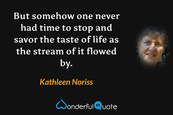 But somehow one never had time to stop and savor the taste of life as the stream of it flowed by. - Kathleen Noriss quote.