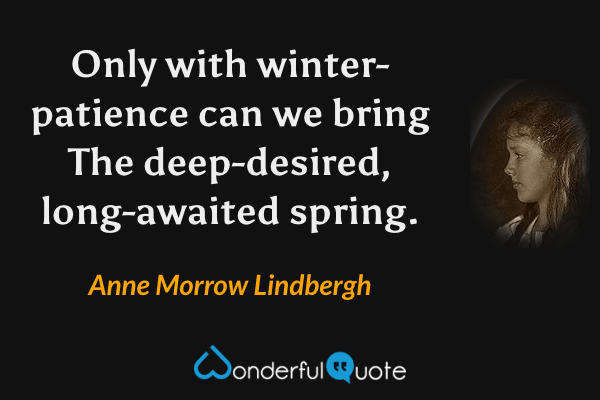 Only with winter-patience can we bring
The deep-desired, long-awaited spring. - Anne Morrow Lindbergh quote.