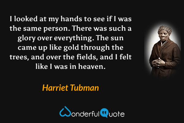 I looked at my hands to see if I was the same person. There was such a glory over everything. The sun came up like gold through the trees, and over the fields, and I felt like I was in heaven. - Harriet Tubman quote.