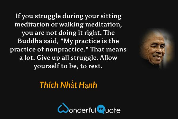 If you struggle during your sitting meditation or walking meditation, you are not doing it right. The Buddha said, "My practice is the practice of nonpractice." That means a lot. Give up all struggle. Allow yourself to be, to rest. - Thích Nhất Hạnh quote.