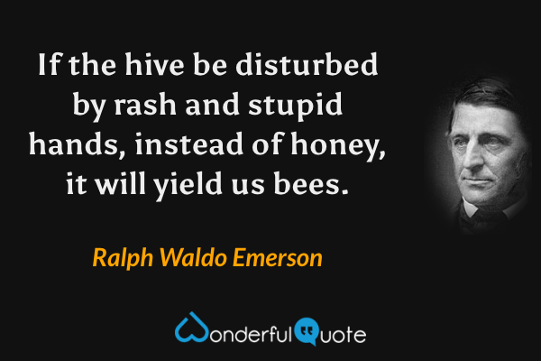 If the hive be disturbed by rash and stupid hands, instead of honey, it will yield us bees. - Ralph Waldo Emerson quote.