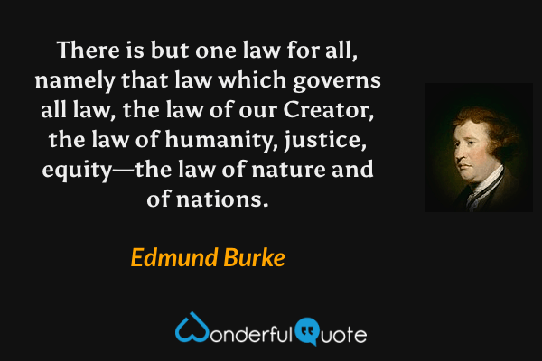 There is but one law for all, namely that law which governs all law, the law of our Creator, the law of humanity, justice, equity—the law of nature and of nations. - Edmund Burke quote.