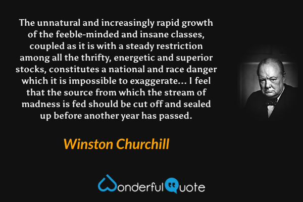 The unnatural and increasingly rapid growth of the feeble-minded and insane classes, coupled as it is with a steady restriction among all the thrifty, energetic and superior stocks, constitutes a national and race danger which it is impossible to exaggerate... I feel that the source from which the stream of madness is fed should be cut off and sealed up before another year has passed. - Winston Churchill quote.