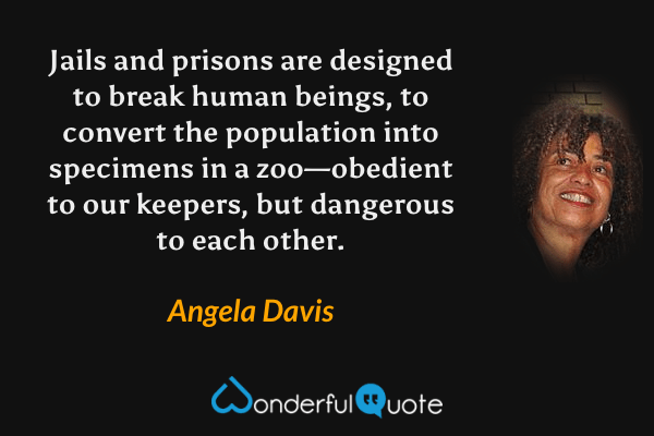 Jails and prisons are designed to break human beings, to convert the population into specimens in a zoo—obedient to our keepers, but dangerous to each other. - Angela Davis quote.