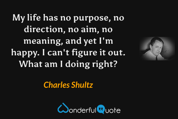 My life has no purpose, no direction, no aim, no meaning, and yet I'm happy. I can't figure it out. What am I doing right? - Charles Shultz quote.