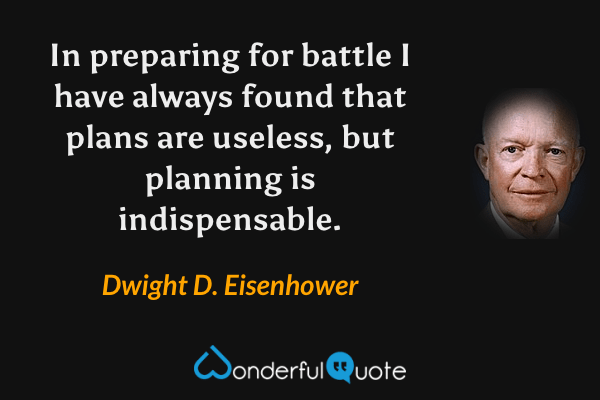 In preparing for battle I have always found that plans are useless, but planning is indispensable. - Dwight D. Eisenhower quote.