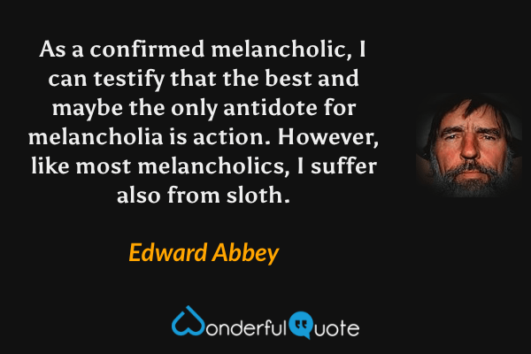 As a confirmed melancholic, I can testify that the best and maybe the only antidote for melancholia is action.  However, like most melancholics, I suffer also from sloth. - Edward Abbey quote.