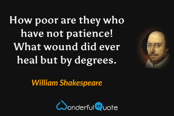 How poor are they who have not patience! What wound did ever heal but by degrees. - William Shakespeare quote.