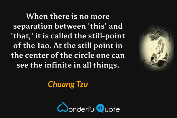 When there is no more separation between 'this' and 'that,' it is called the still-point of the Tao. At the still point in the center of the circle one can see the infinite in all things. - Chuang Tzu quote.