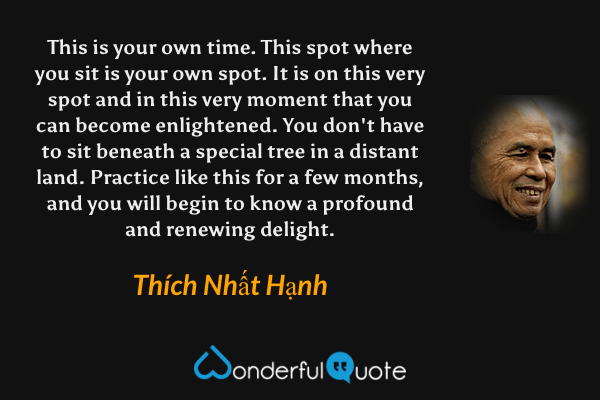 This is your own time. This spot where you sit is your own spot. It is on this very spot and in this very moment that you can become enlightened. You don't have to sit beneath a special tree in a distant land. Practice like this for a few months, and you will begin to know a profound and renewing delight. - Thích Nhất Hạnh quote.