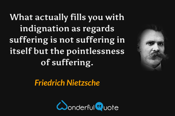 What actually fills you with indignation as regards suffering is not suffering in itself but the pointlessness of suffering. - Friedrich Nietzsche quote.