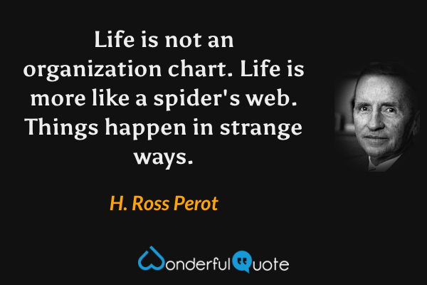 Life is not an organization chart. Life is more like a spider's web. Things happen in strange ways. - H. Ross Perot quote.