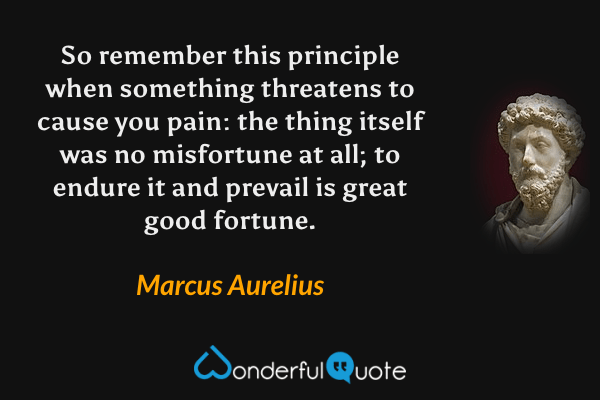 So remember this principle when something threatens to cause you pain: the thing itself was no misfortune at all; to endure it and prevail is great good fortune. - Marcus Aurelius quote.