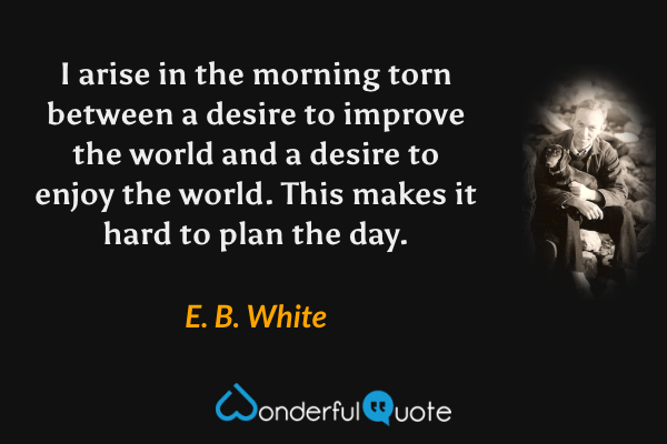 I arise in the morning torn between a desire to improve the world and a desire to enjoy the world. This makes it hard to plan the day. - E. B. White quote.