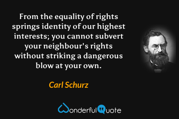 From the equality of rights springs identity of our highest interests; you cannot subvert your neighbour's rights without striking a dangerous blow at your own. - Carl Schurz quote.