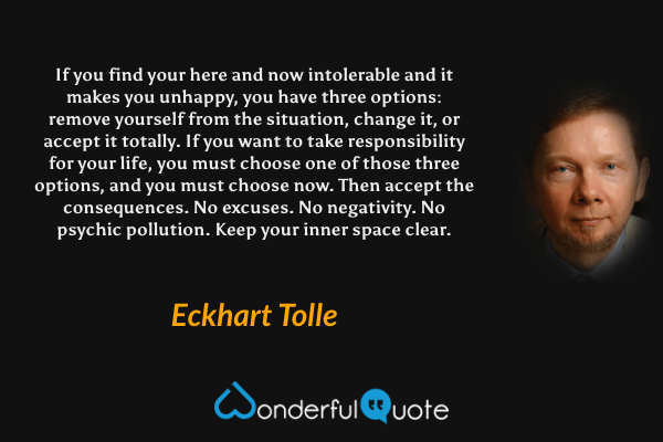 If you find your here and now intolerable and it makes you unhappy, you have three options: remove yourself from the situation, change it, or accept it totally. If you want to take responsibility for your life, you must choose one of those three options, and you must choose now. Then accept the consequences. No excuses. No negativity. No psychic pollution. Keep your inner space clear. - Eckhart Tolle quote.