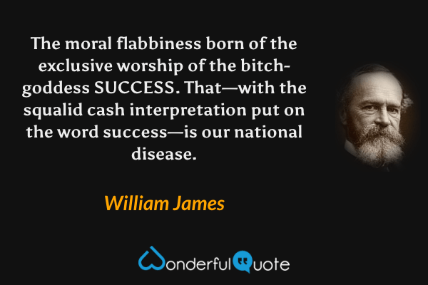 The moral flabbiness born of the exclusive worship of the bitch-goddess SUCCESS.  That—with the squalid cash interpretation put on the word success—is our national disease. - William James quote.